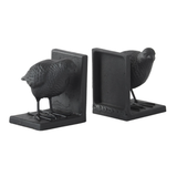 A pair of black cast-iron bird bookends shaped like small birds perched on a rectangular base, shown on a plain white background.