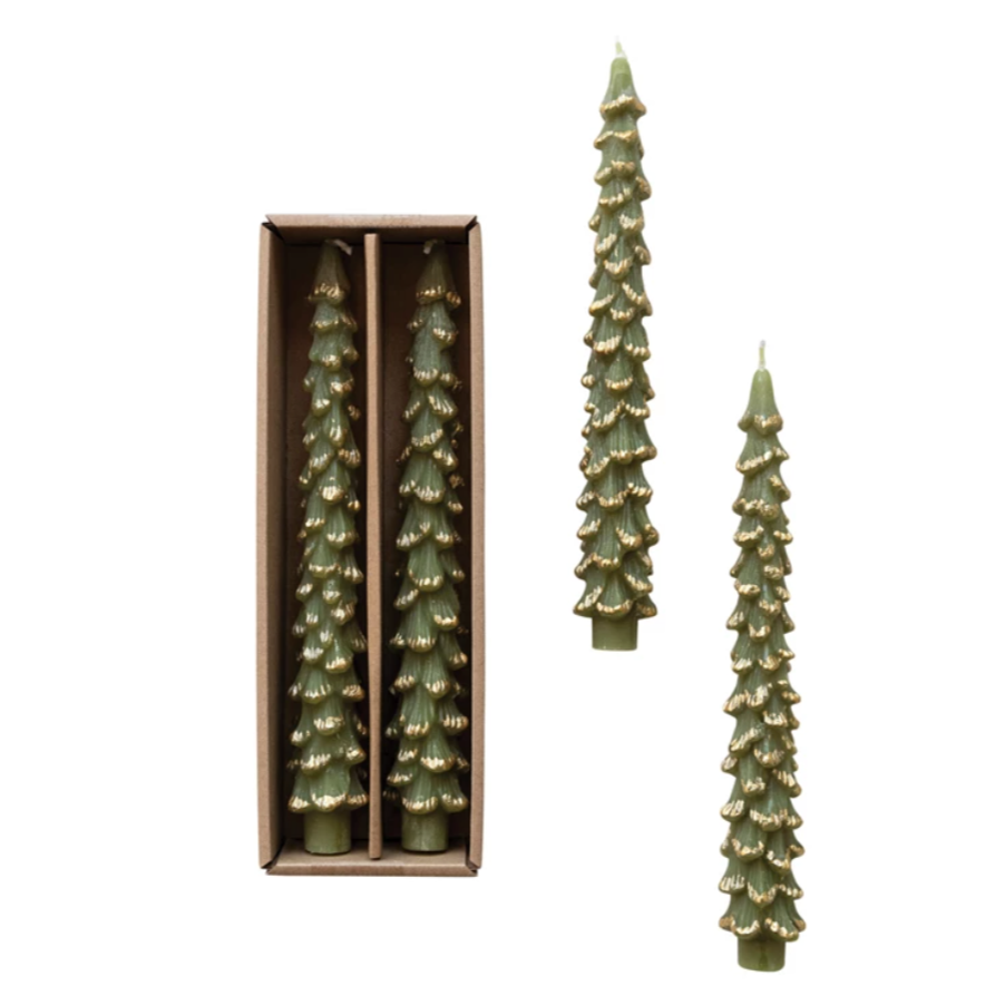 christmas tree tapers, green with gold tips, two sizes, set of two