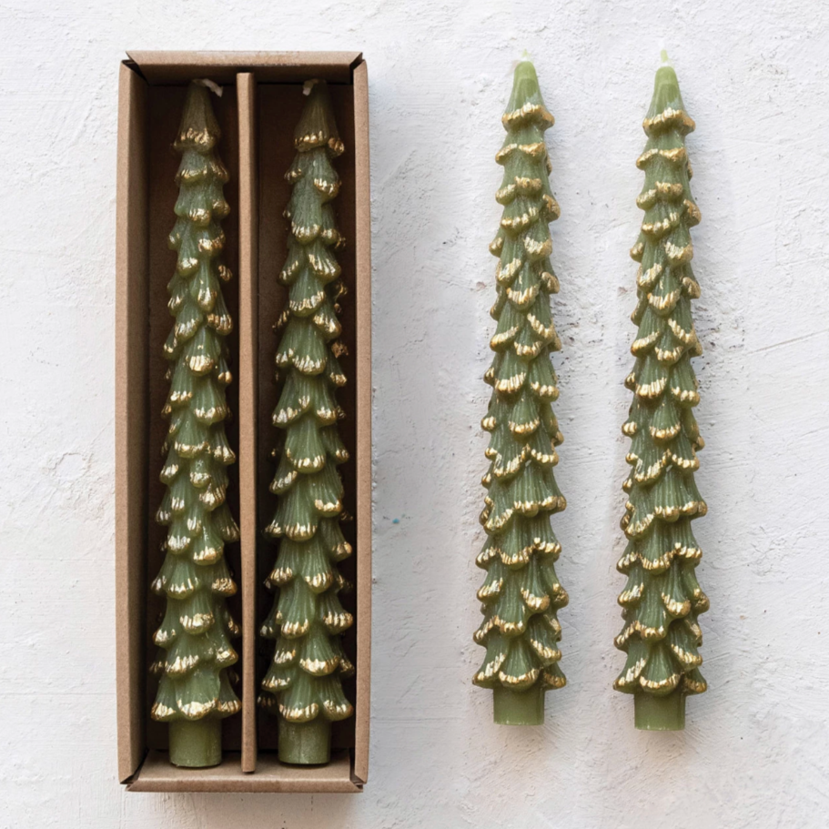christmas tree tapers, green with gold tips, two sizes, set of two