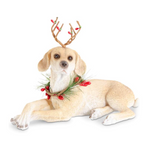 resin brown dogs with antlers and wreaths, sitting