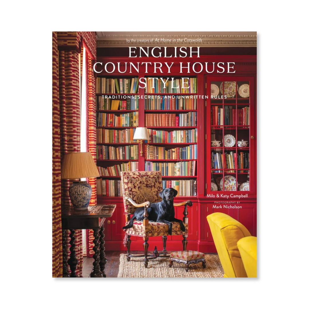 Book cover of 'English Country House Style' with a red library interior.