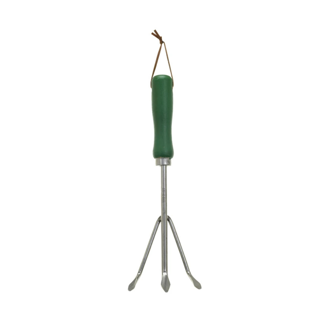 Gardening tool with green handle and metal prongs on a white background