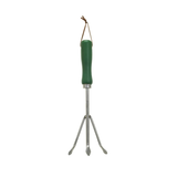 Gardening tool with green handle and metal prongs on a white background