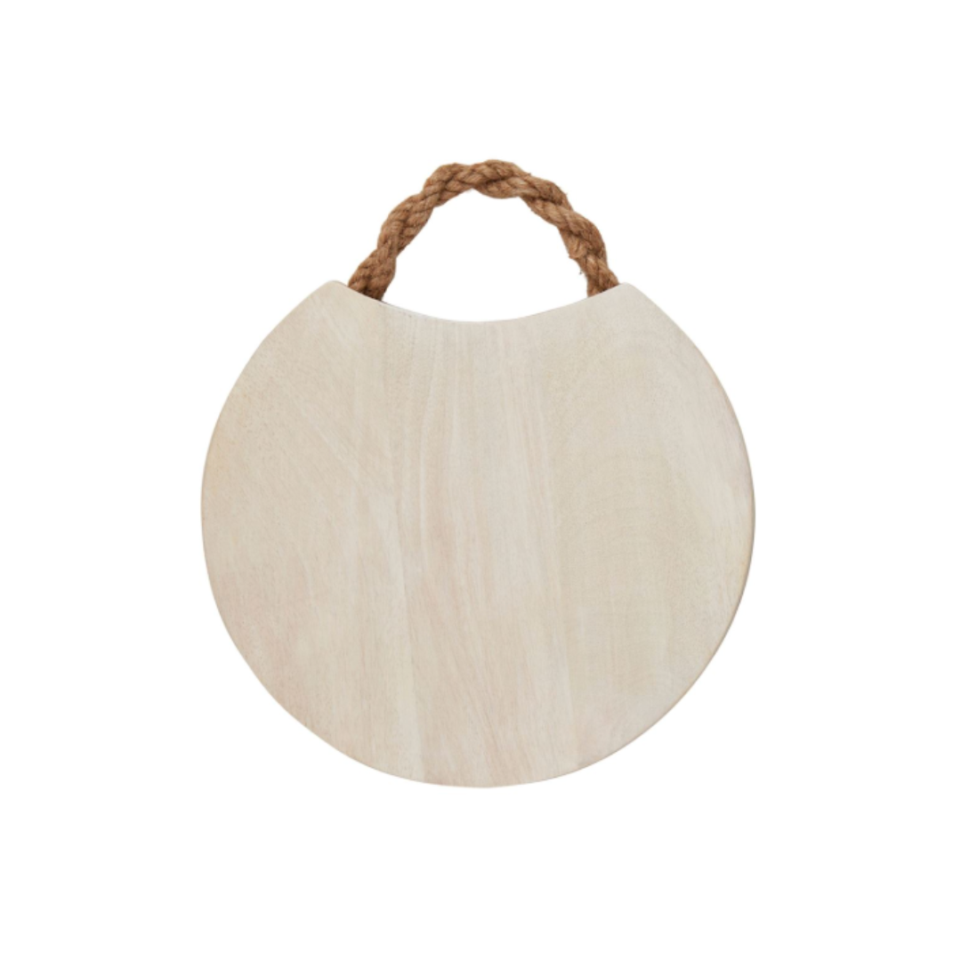 bleached Mango wood board with braided rope side handle, round style