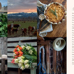Collage of images including a farmer, landscape, pie, and tulips with a 'Spring Rituals' text on the side.