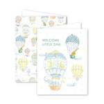 front and back view of greeting card with hot air balloon designs and 'Welcome Little One' text on a white background.
