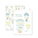 front and back view of greeting card with hot air balloon designs and 'Welcome Little One' text on a white background.