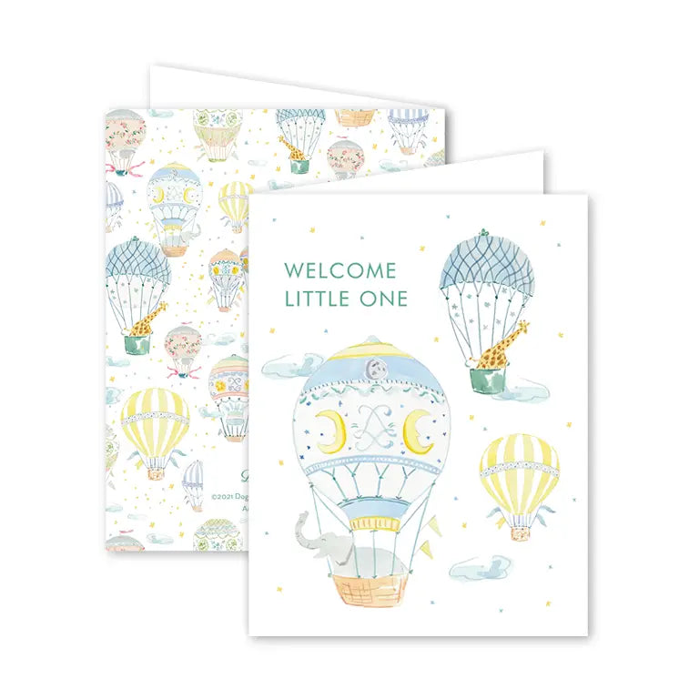 front and back view of greeting card with hot air balloon designs and 'Welcome Little One' text on a white background.