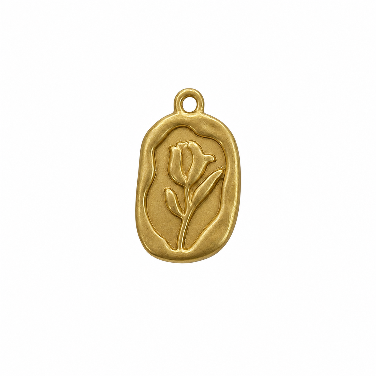 A single gold-toned oval pendant charm featuring an embossed tulip design, shown against a plain white background.