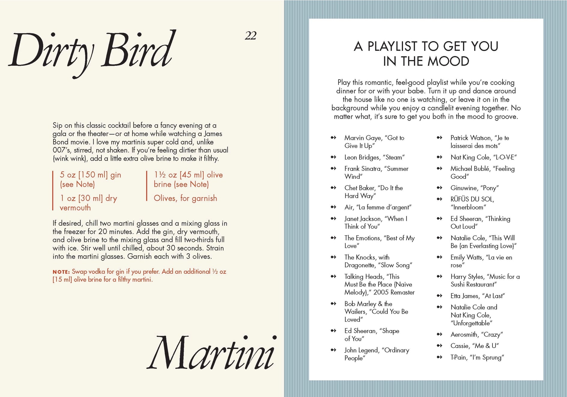 Page from a recipe book with a cocktail recipe and a playlist for music.