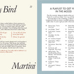 Page from a recipe book with a cocktail recipe and a playlist for music.