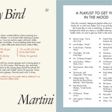 Page from a recipe book with a cocktail recipe and a playlist for music.