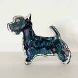 Scottie dog shelfie featuring painted artwork encased in a thick clear freestanding block on white background