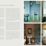 Interior design book page with color swatches and room images.