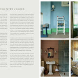 Interior design book page with color swatches and room images.
