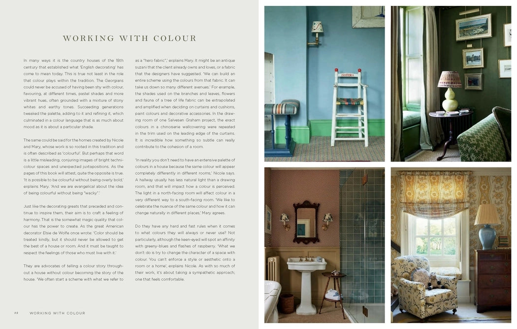 Interior design book page with color swatches and room images.
