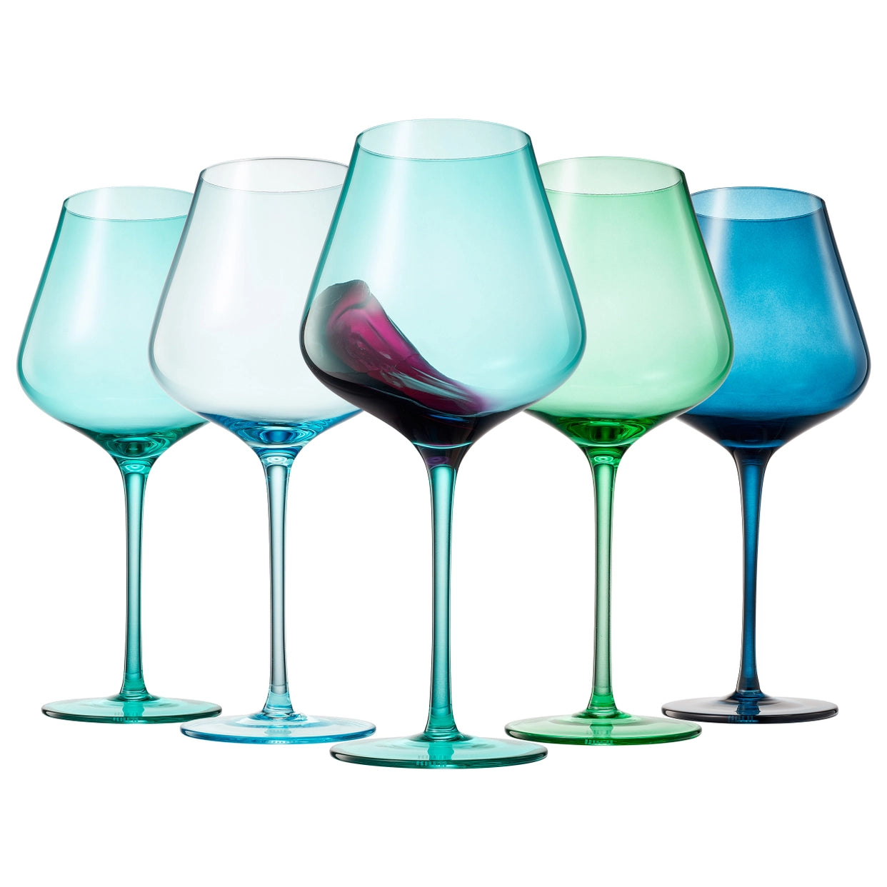 Five colorful wine glasses on a white background
