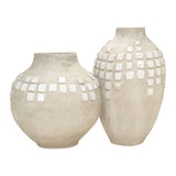 two tall grey washed vase with white accents on a white background