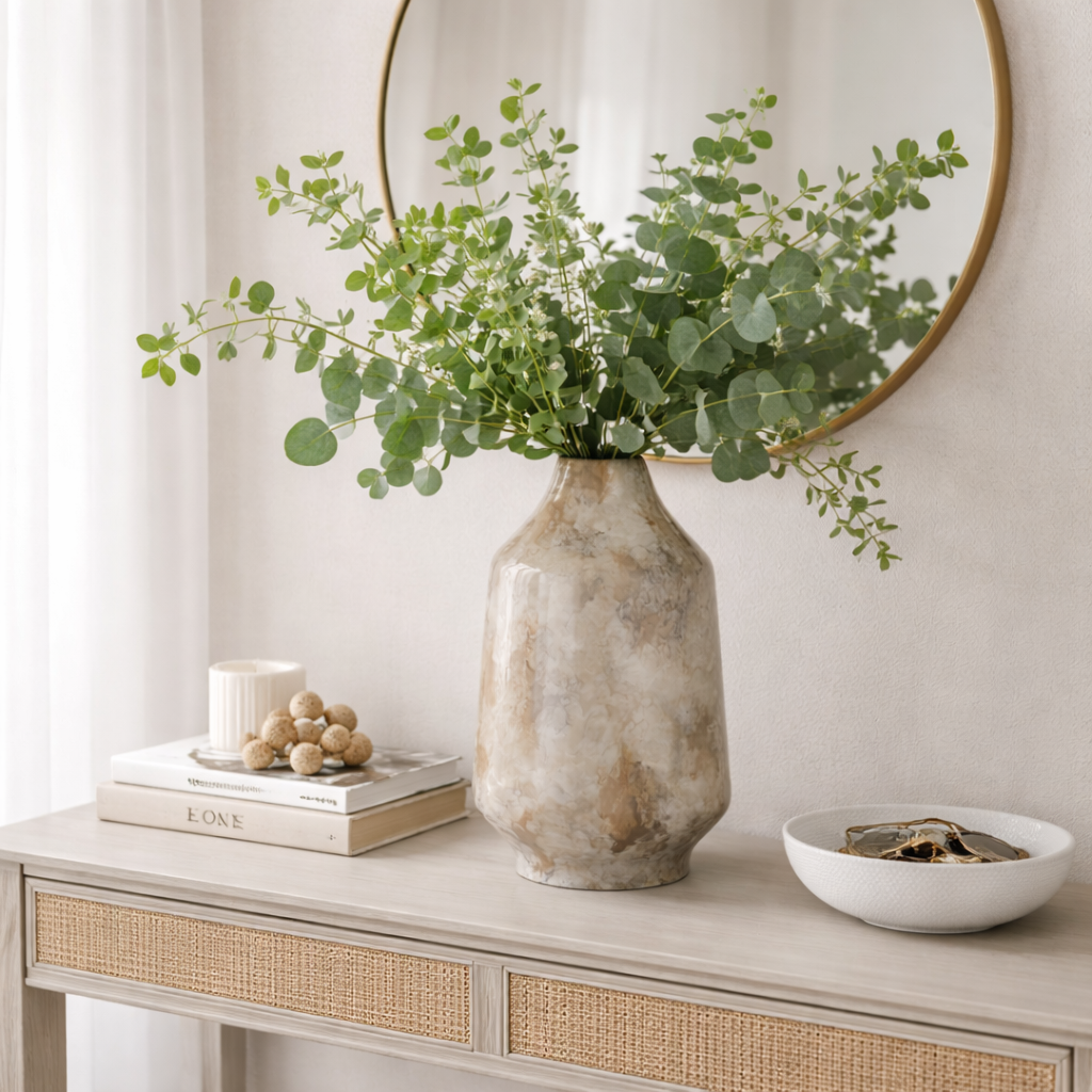 Decorative table with a vase of greenery, books, and a bowl against a neutral wall.