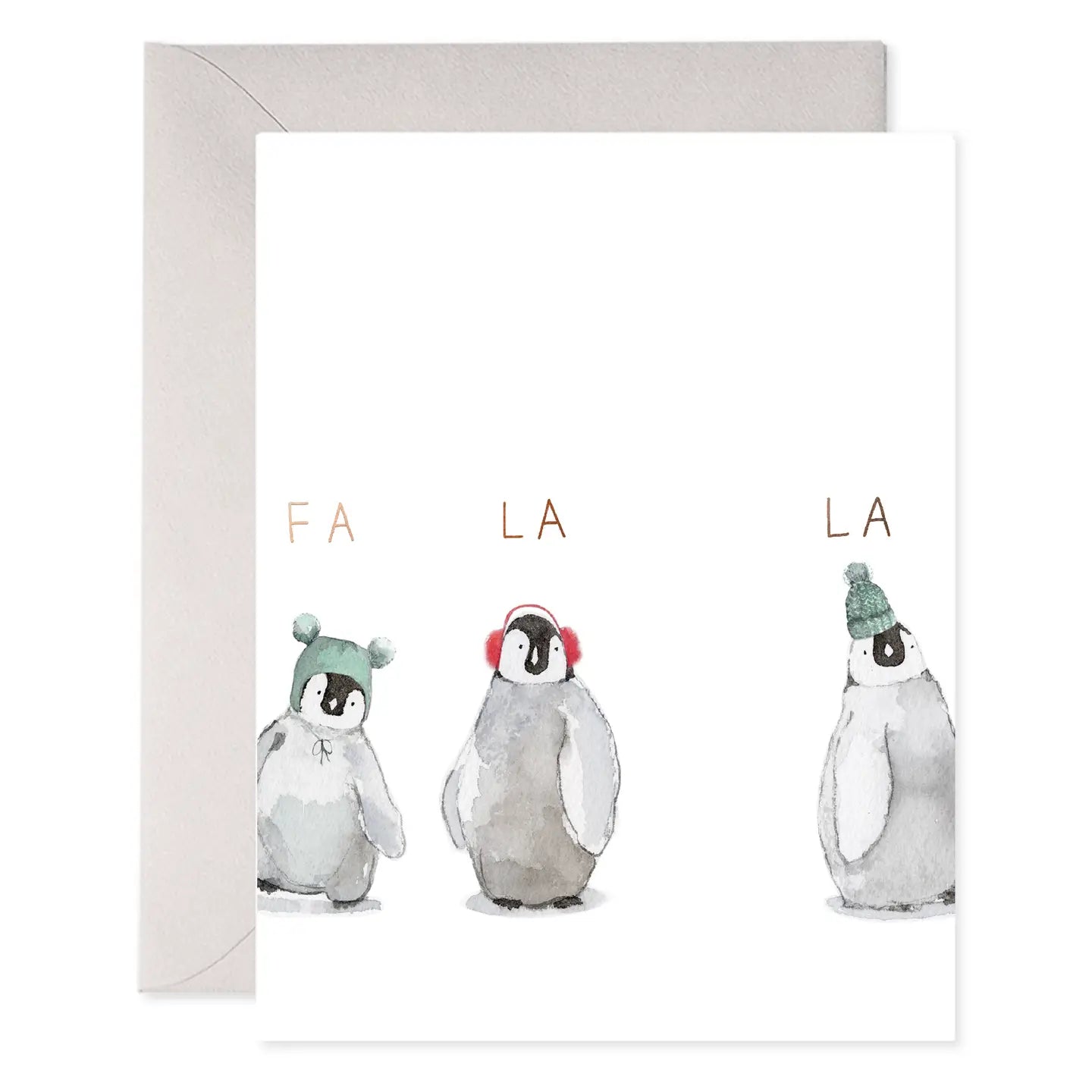 Greeting card with penguins wearing holiday hats and headphones, and 'Fa La La' text.
