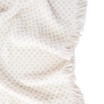 Textured beige blanket with frayed edge on a white background