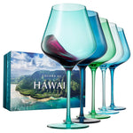 Set of colorful wine glasses with a 'Colors of Hawaii' box in the background
