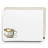 Note card with a cup of coffee design on a white background