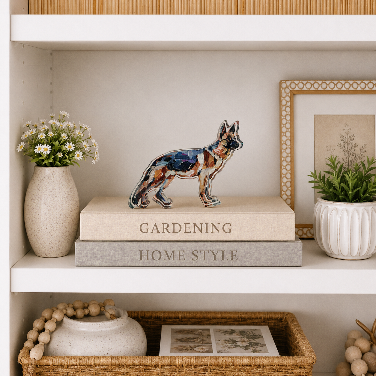 Decorative shelf with a dog figurine, books, plants, and a vase.