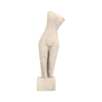 Abstract beige cement human body sculpture with an elongated silhouette, textured stone-like finish, and minimalist design on a rectangular base on white background