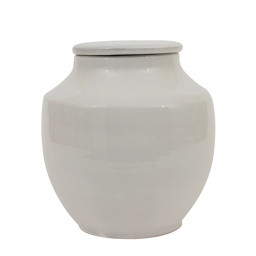 small white terracotta ginger jar with lid on white background