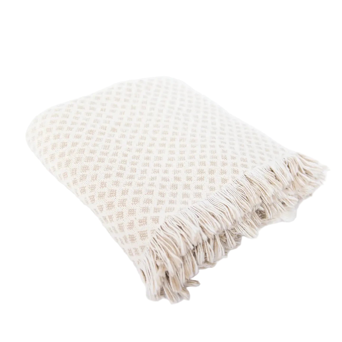 Textured beige throw with fringe on a white background