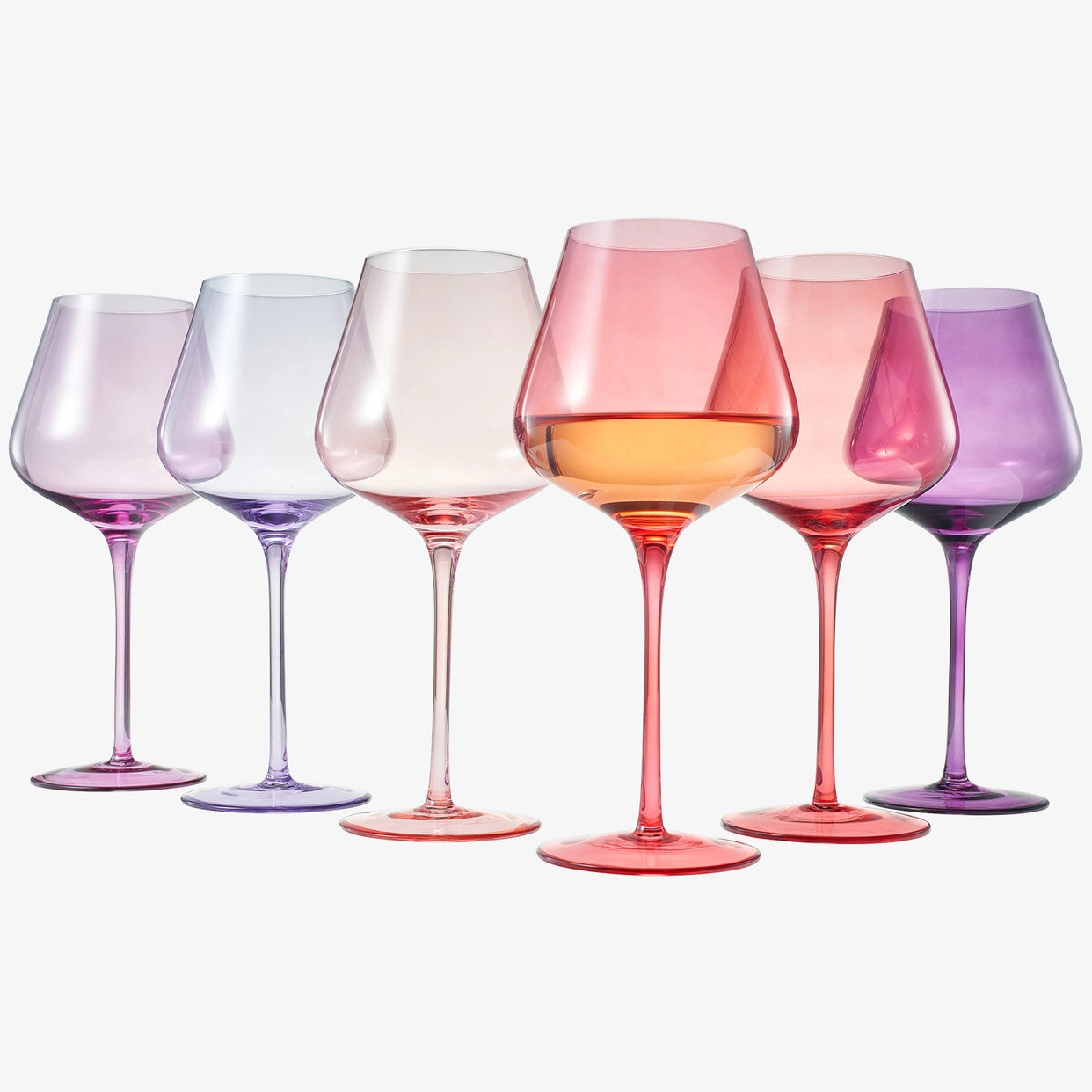 Set of six colorful wine glasses on a white background