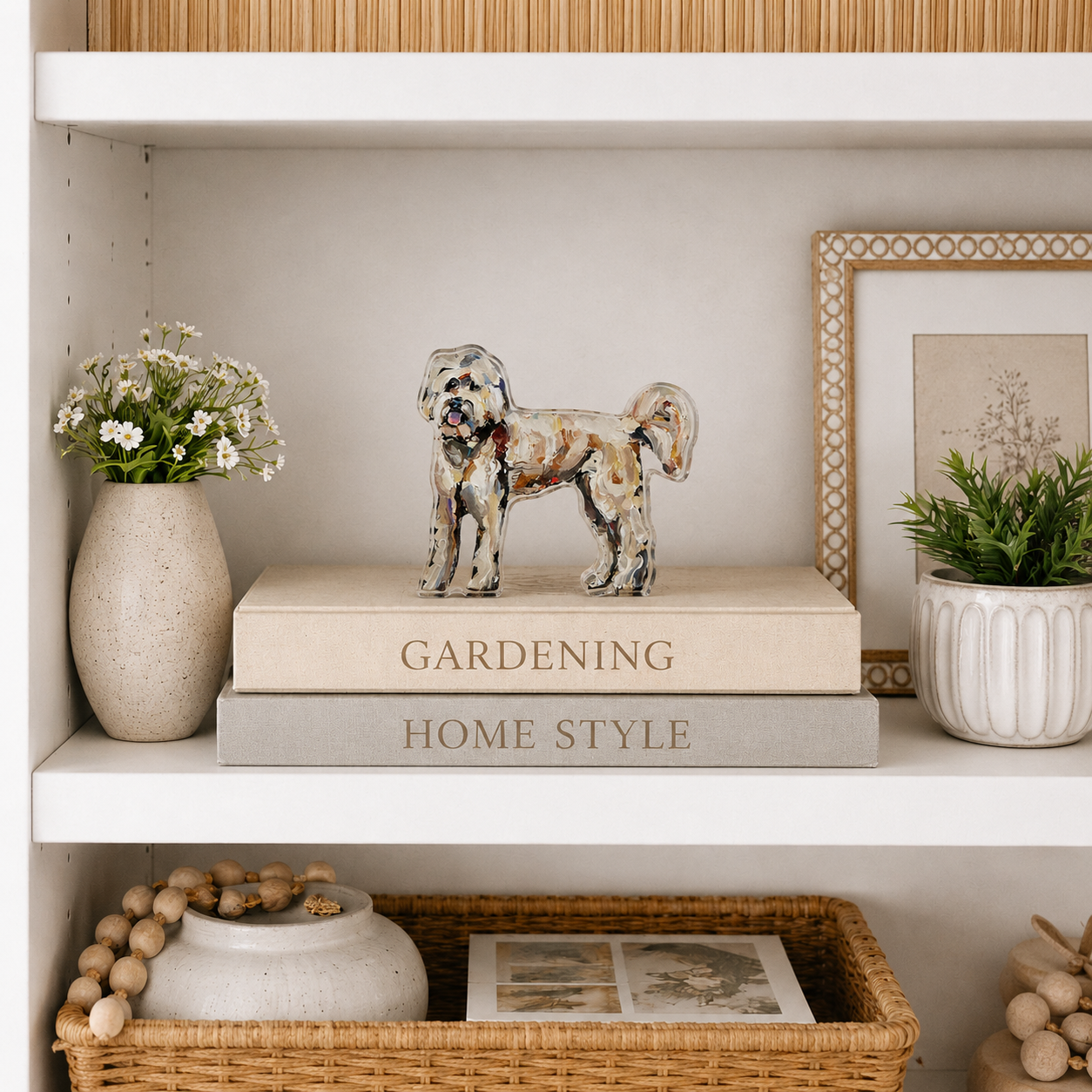 Decorative shelf with books, a dog figurine, and plants.