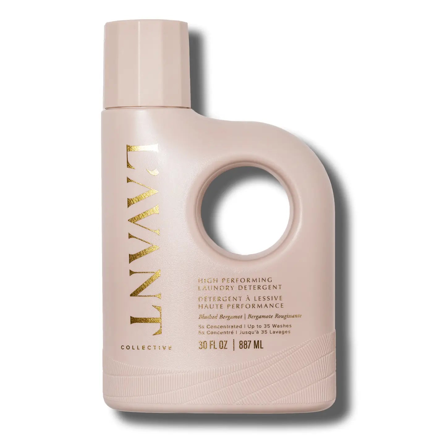 Pink laundry detergent bottle with gold text on a white background