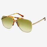 Aviator logan sunglasses with tortoiseshell frame and green lenses on a white background