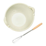 top view cream stoneware batter bowl with wooden mini whisk set