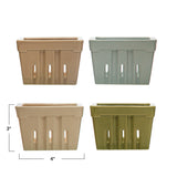 Four rectangular planters in beige, green, and brown with dimensions on a white background