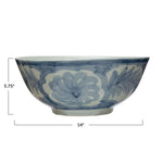 Blue and white floral-patterned bowl with dimensions on a white background