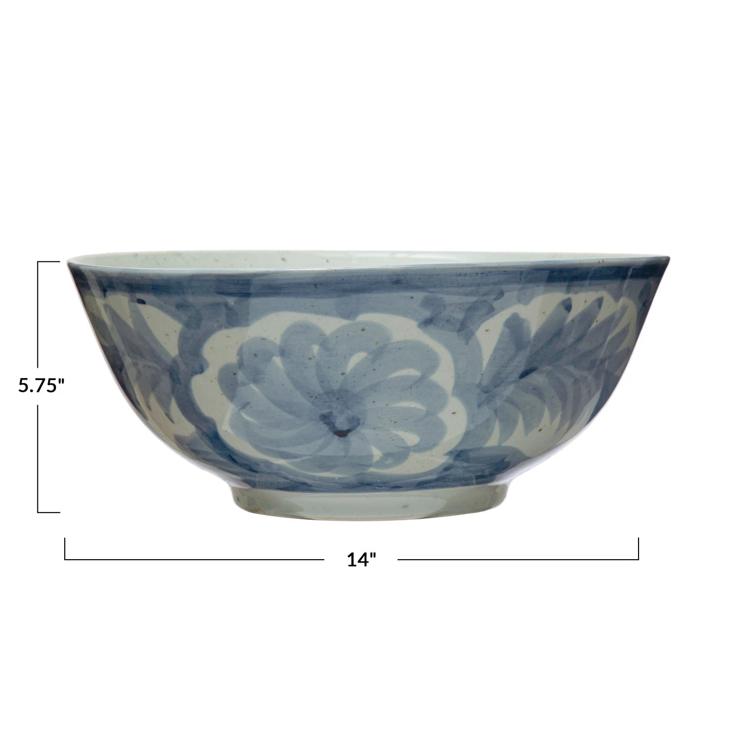 Blue and white floral-patterned bowl with dimensions on a white background