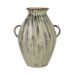 hand-painted stoneware vase with twin handles and a reactive glaze of cream, green, and brown on a white background