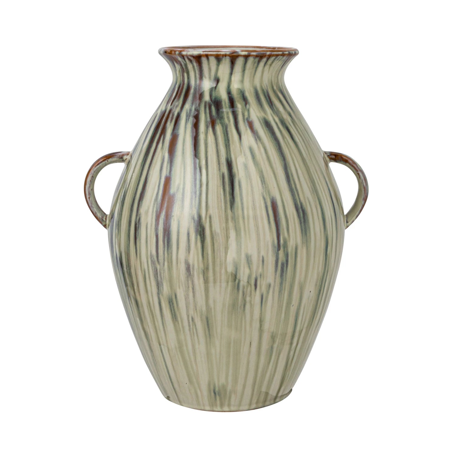hand-painted stoneware vase with twin handles and a reactive glaze of cream, green, and brown on a white background