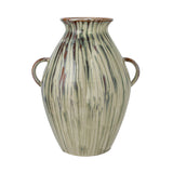 hand-painted stoneware vase with twin handles and a reactive glaze of cream, green, and brown on a white background