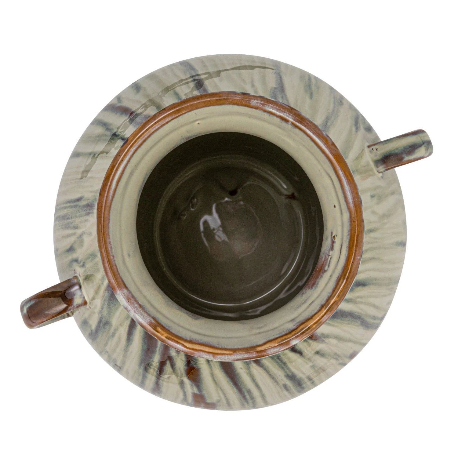 top view of hand-painted stoneware vase with twin handles and a reactive glaze of cream, green, and brown on a white background