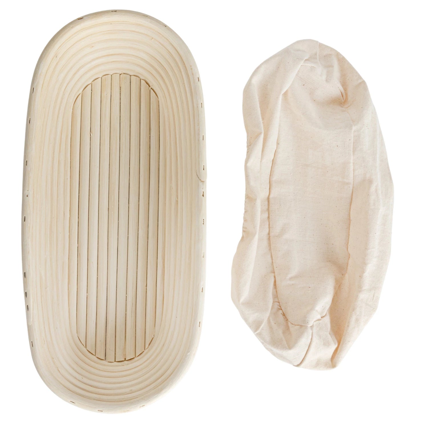 Banneton bread proofing basket with a cloth cover on a white background