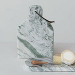 styled Marble Cheese/Cutting Board w/ Handle, Leather Tie & Stainless Steel/Mango Wood Canape Knife, Green Melange & Natural, Set of 2