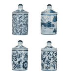 Set of four blue and white ceramic jars with floral patterns on a white background