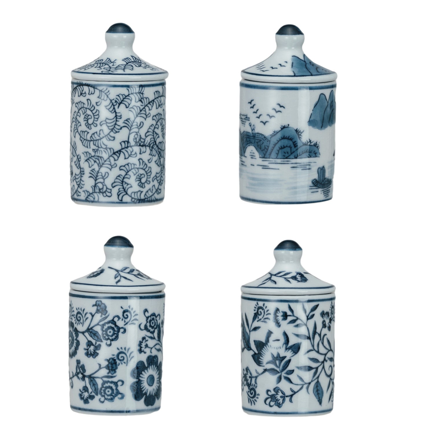 Set of four blue and white ceramic jars with floral patterns on a white background