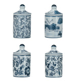 Set of four blue and white ceramic jars with floral patterns on a white background