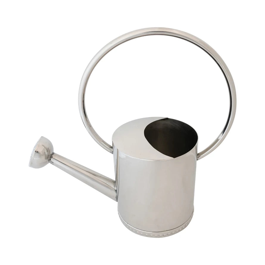 Silver watering can on a white background