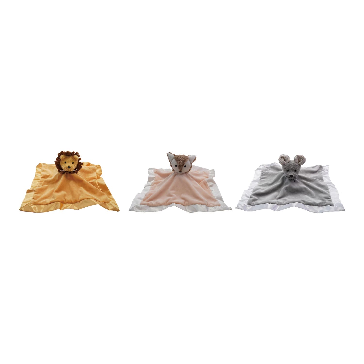 Three soft toys with animal faces on a white background